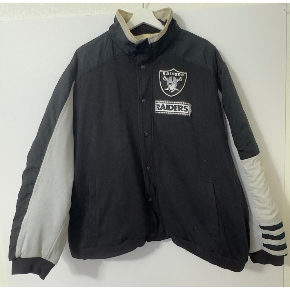 Vintage Apex One Raiders Jacket Mens XL Black 90s NFL Spellout Bomber Hip Hop